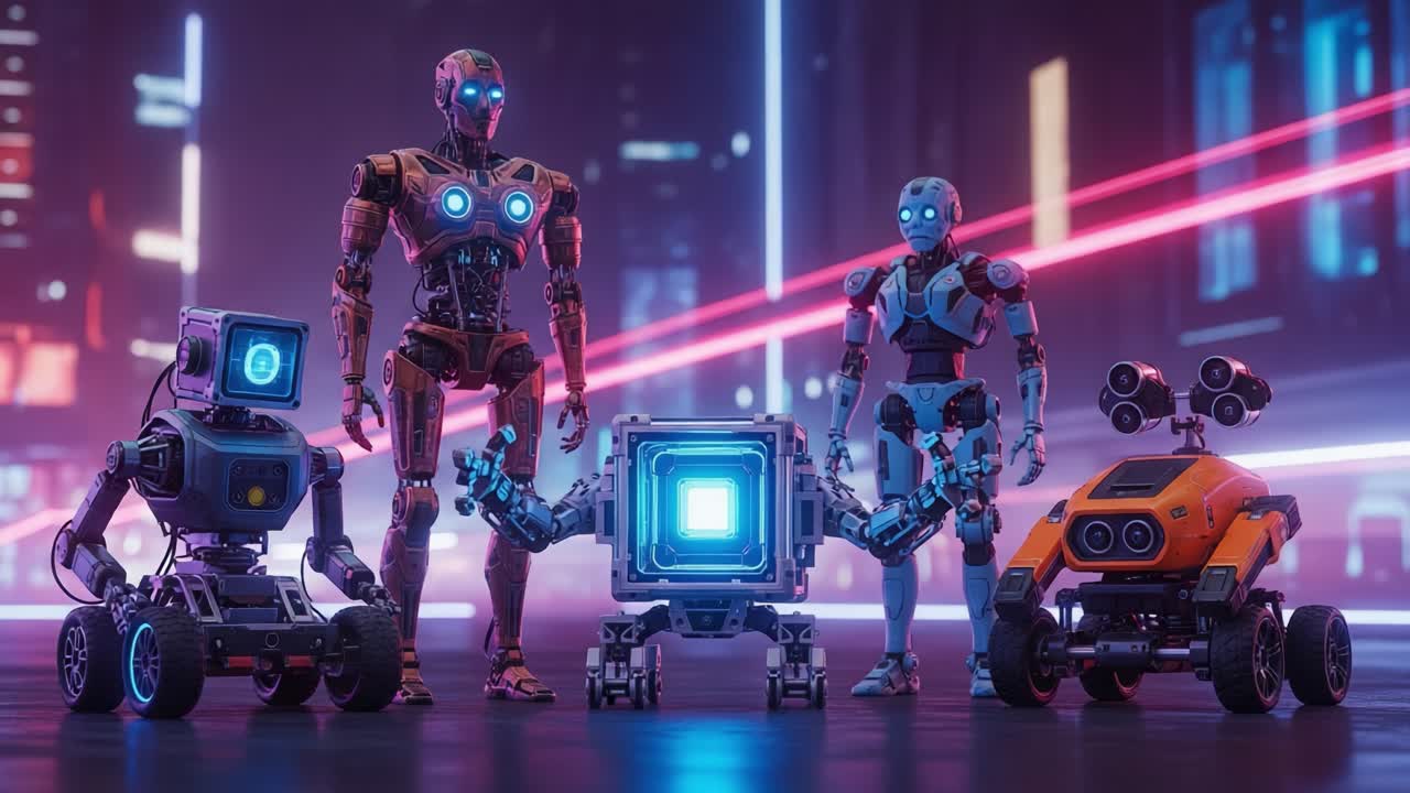 A Gathering of Futuristic Robots in a Neon-Illuminated Cityscape, Showcasing Unique Designs and Advanced Technology Amidst Dynamic LED Lighting Effects