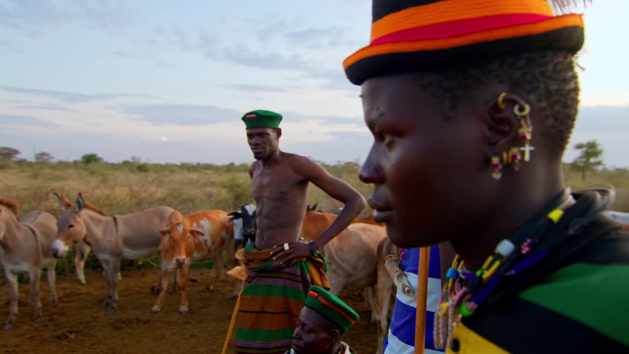 Karamojong Men Herding Cows Near Village In Northern Uganda, Africa. Slow Motion Shot