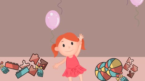 Animation-Des-Schulmädchen-Symbols-Und-Luftballons-Auf-Rosa-Hintergrund