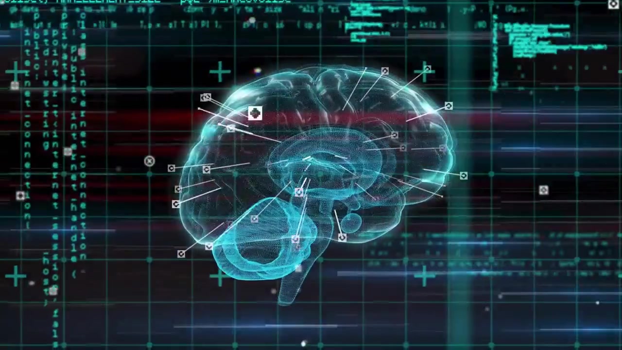 Animation of human brain and data processing over dark background