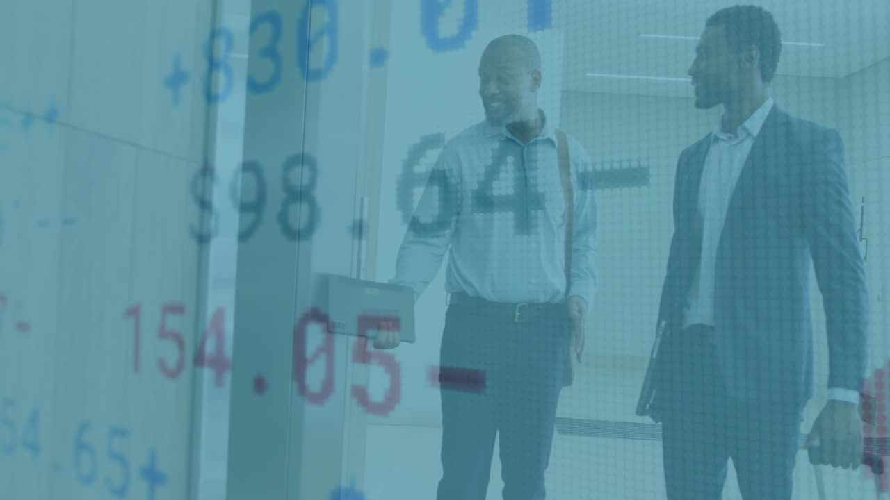 Animation of financial data processing over diverse business people in office