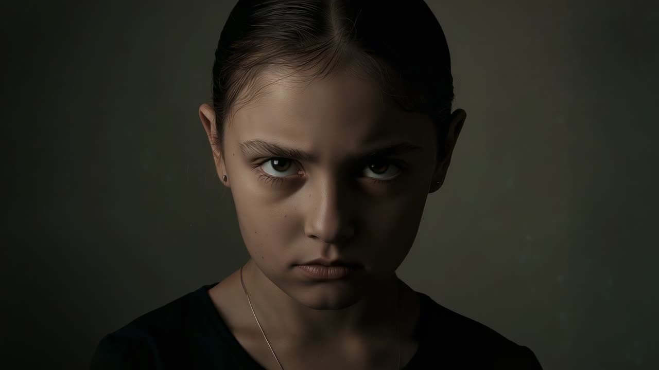 Ragazza che sbatte le palpebre, alza la testa, guarda la camera, in studio, indossa una camicia scura, catena, borchie con risolutezza