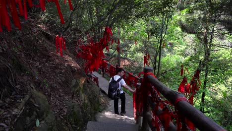 un turista baja las escaleras adornadas con cintas rojas en la exuberante yuanjiajie, zhangjiajie, china