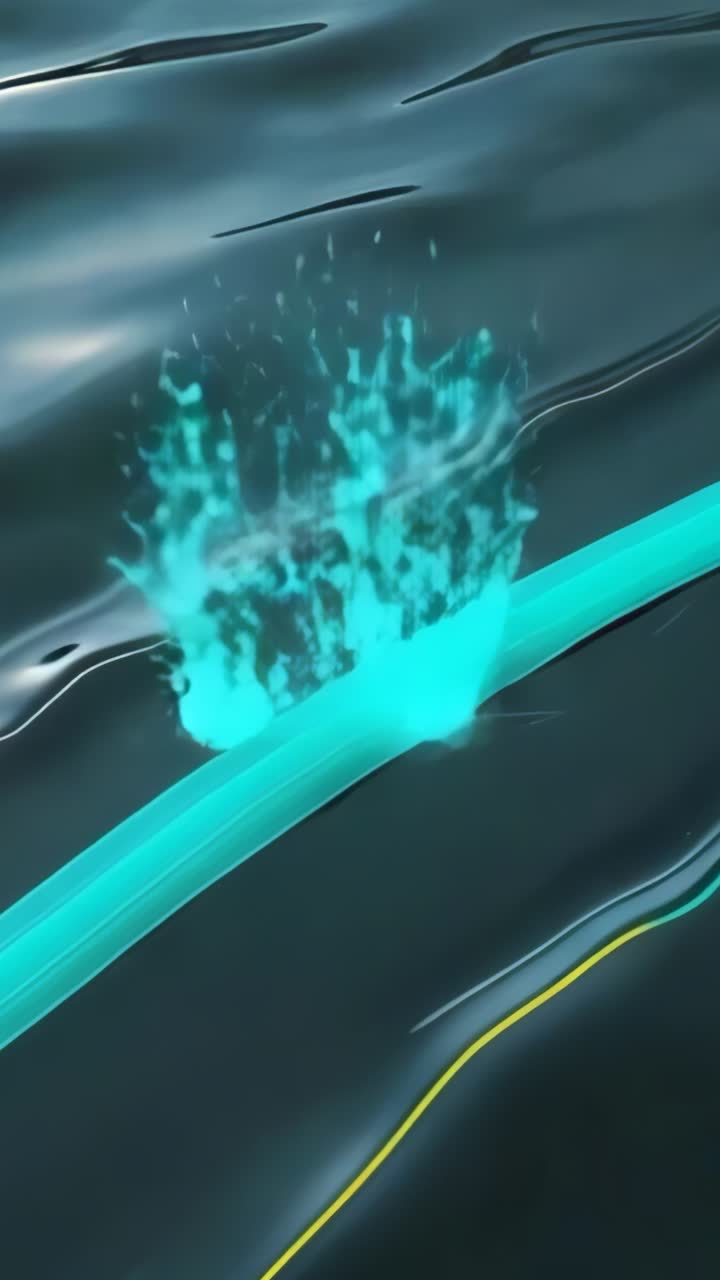 Vertical video: Entering cyan bar gliding across dark water above yellow line, forming cyan bubbles