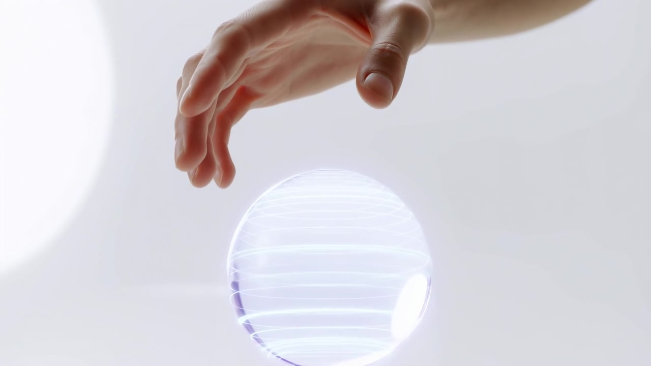 A close-up of a human hand hovering over a bright white sphere on a clean background, with soft illumination and a minimal futuristic feel