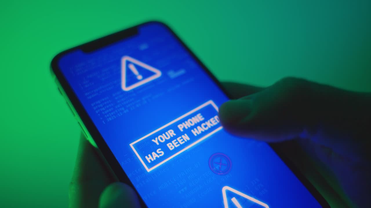 Person holding mobile phone as message appear device is hacked and locked. Alerting frustrated and angry user denied access to personal smartphone. Spy or hacker breaking into system by malware app