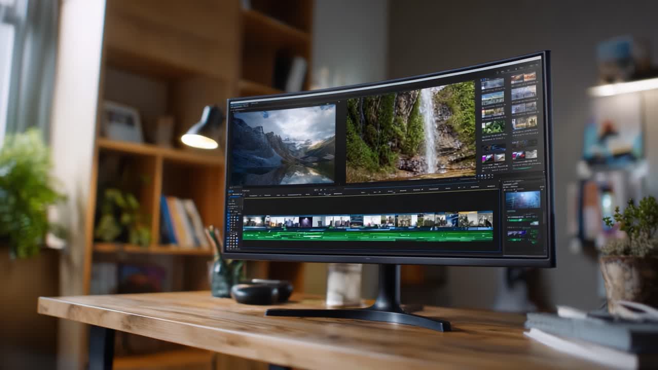 Un'area di lavoro moderna con un grande monitor curvo che mostra timeline di editing video e splendide immagini di paesaggi, in un ambiente domestico accogliente
