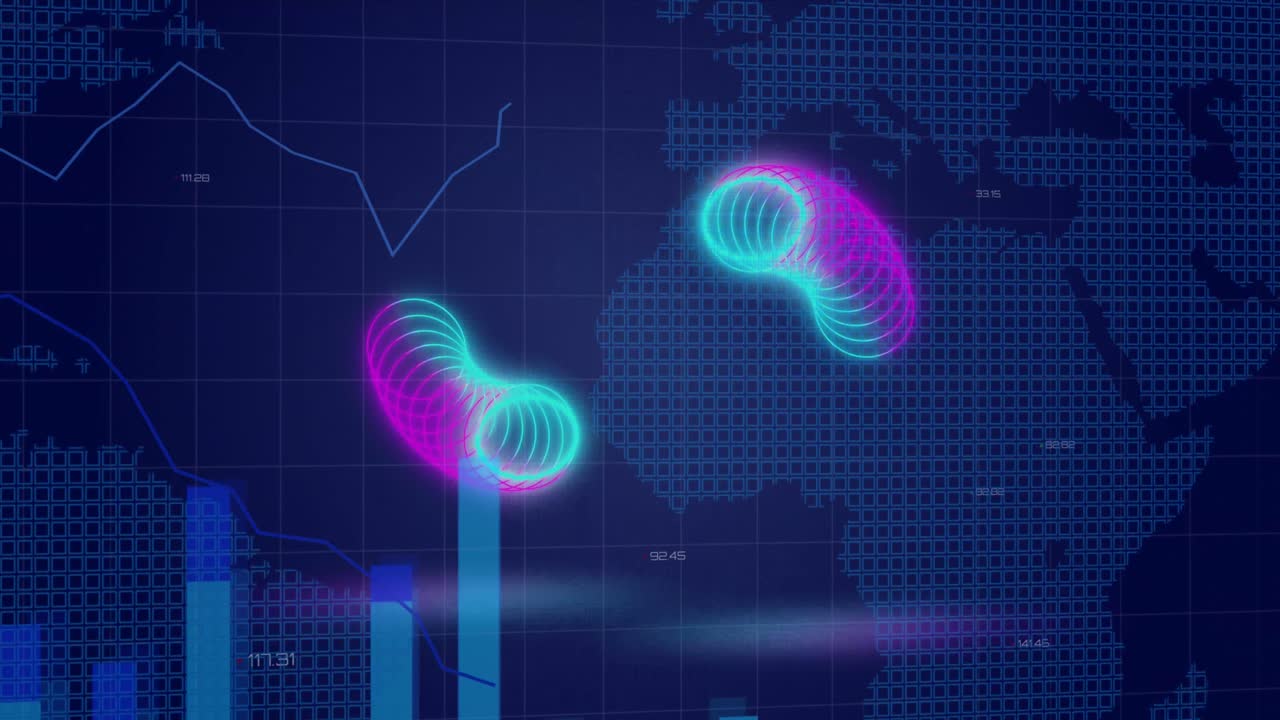 animación de círculos en pantalla digital con gráficos financieros y mapa del mundo