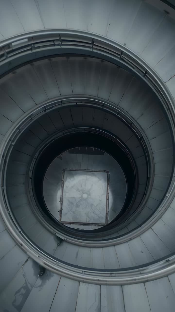 Vertical video: Tilting camera framing spiral stairwell shaft at inner core, centering square floor
