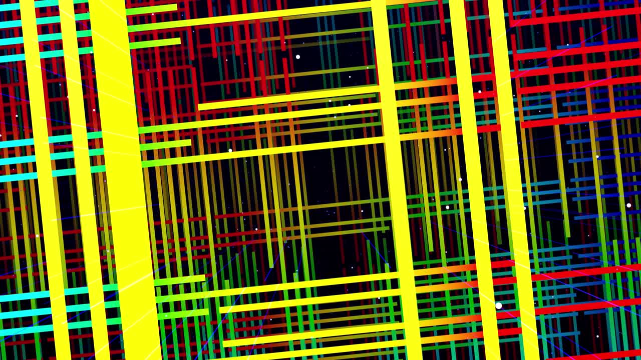 Glow rectangles, streaks and lines. Motion design vj loop. 3d structure. Motion graphic, camera fly throungh abstract art space, multilayer structure with pattern and particles. Rainbow gradient color