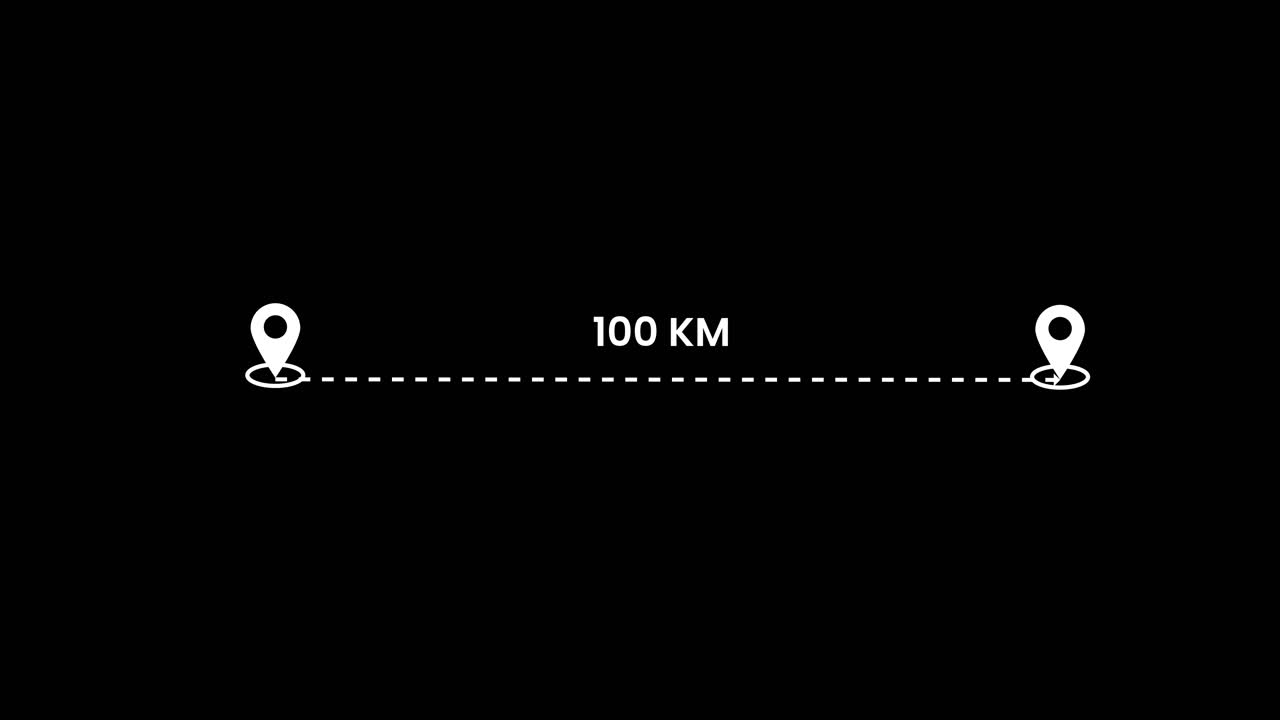 Animazione di una distanza di 100 km tra due luoghi isolata su sfondo nero