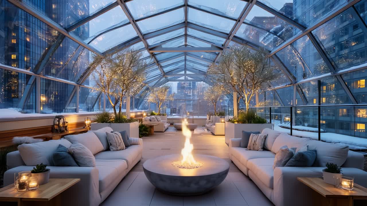 A Cozy Winter Evening in a Stunning Glass Atrium with Soft Lighting, Elegant Furnishings, and a Warm Fire Pit Surrounded by Lush Trees, Creating a Perfect Spot for Relaxation in a Beautiful Cityscape