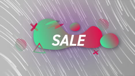 animation of sale text with shapes over light trails on grey background