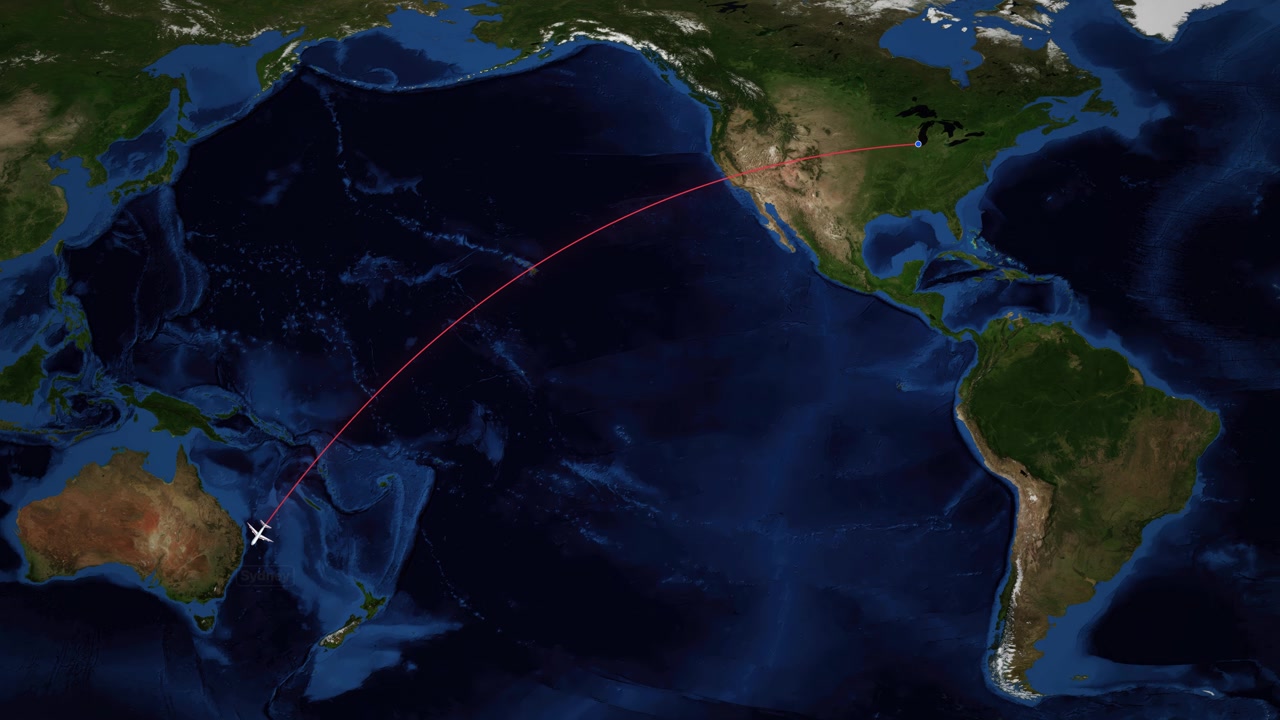 Satellite world map animation tracks a commercial airplane flying from Chicago to Sydney, Australia