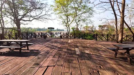 a serene wooden deck with benches overlooks lush greenery and distant views in geelong, australia. bright daylight enhances the tranquil setting