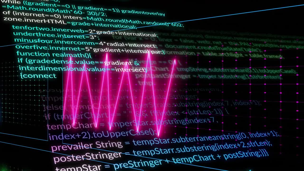 Blå bølgeformpuls som dukker opp, splitter seg i topper, med vekslende grønne og rosa pulser som visualiserer data
