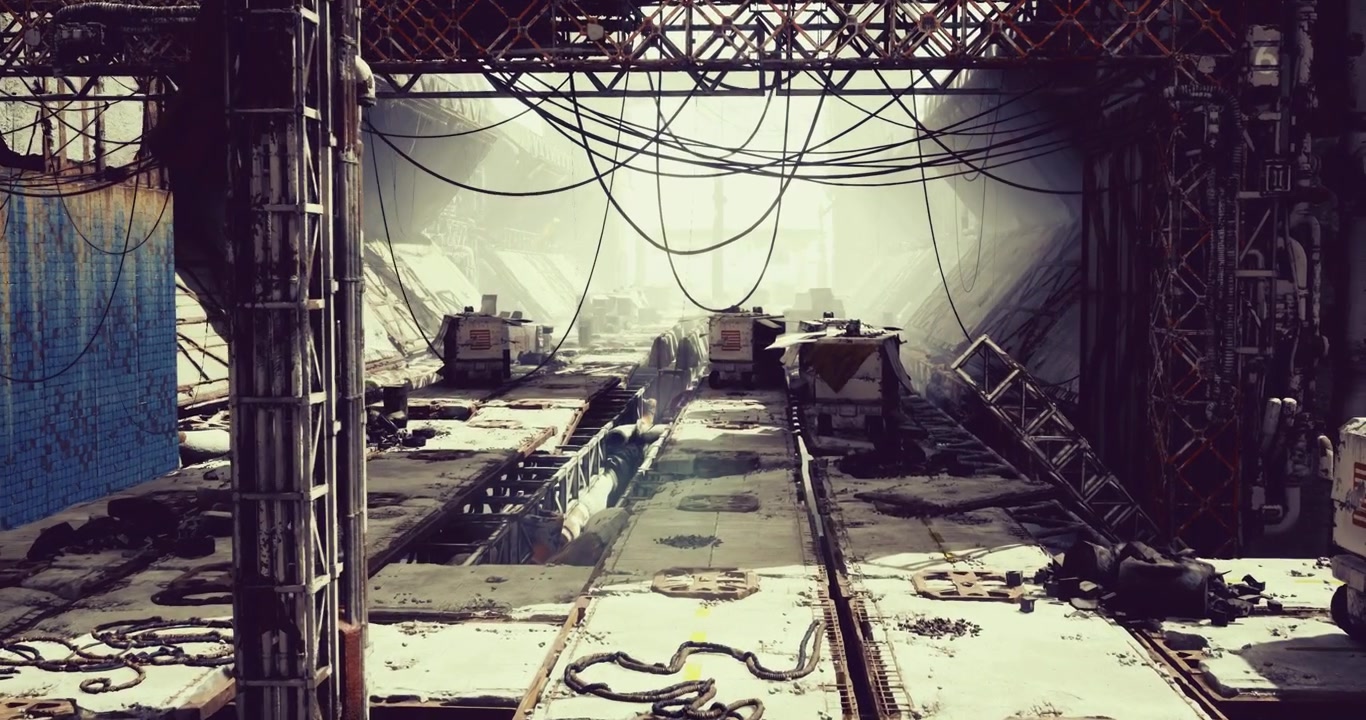 Cargo terminal with multilevel platforms and distant illumination scenes