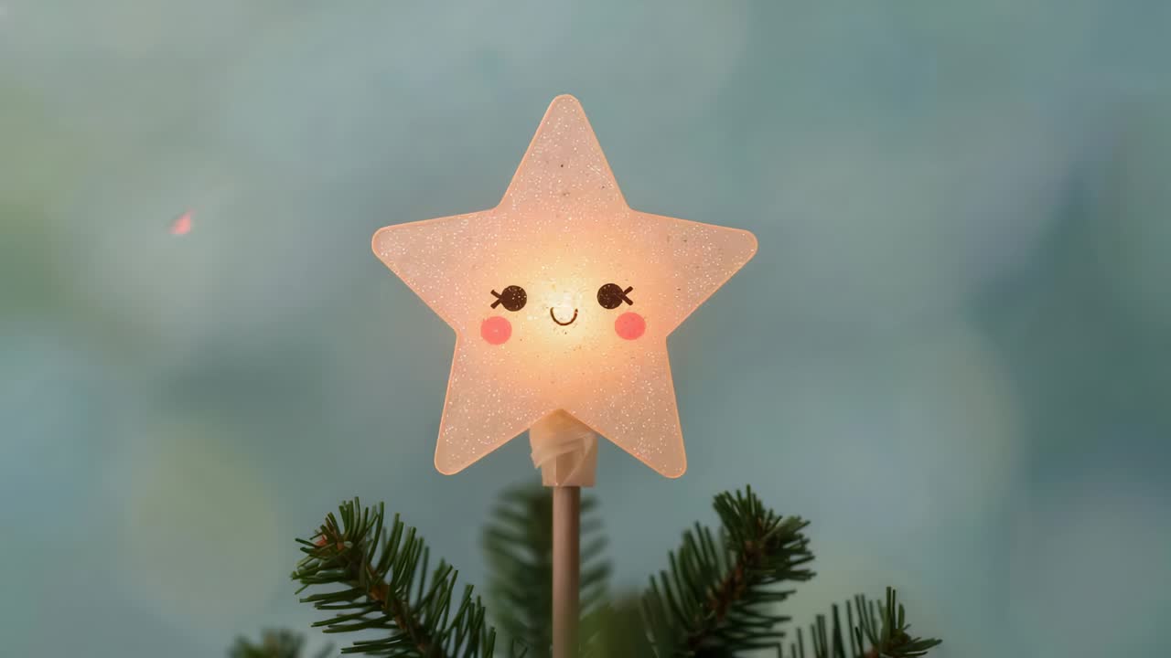 Rotating star tree topper from fir branch sway inside room, showing LED face, revealing connector