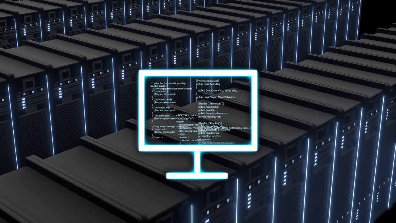 Computer code animation over rows of servers in data center