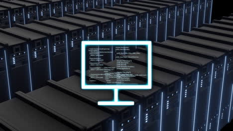 computer code animation over rows of servers in data center