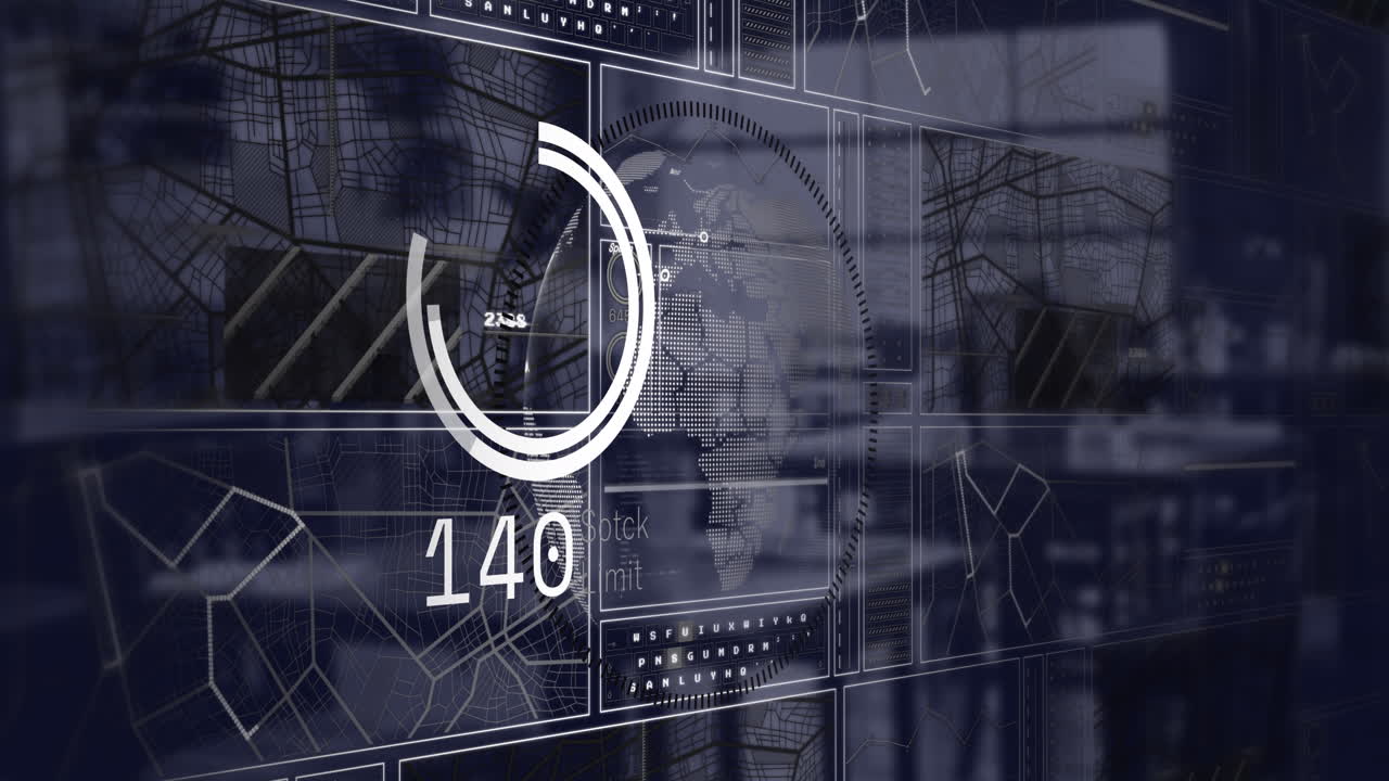 animación de globo terrestre y mapa digital con círculo y número sobre mesas y sillas vacías en cafés