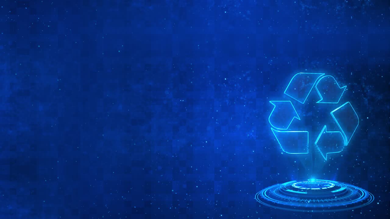 Glowing neon recycle symbol on black background with particle motion effect and copy space area