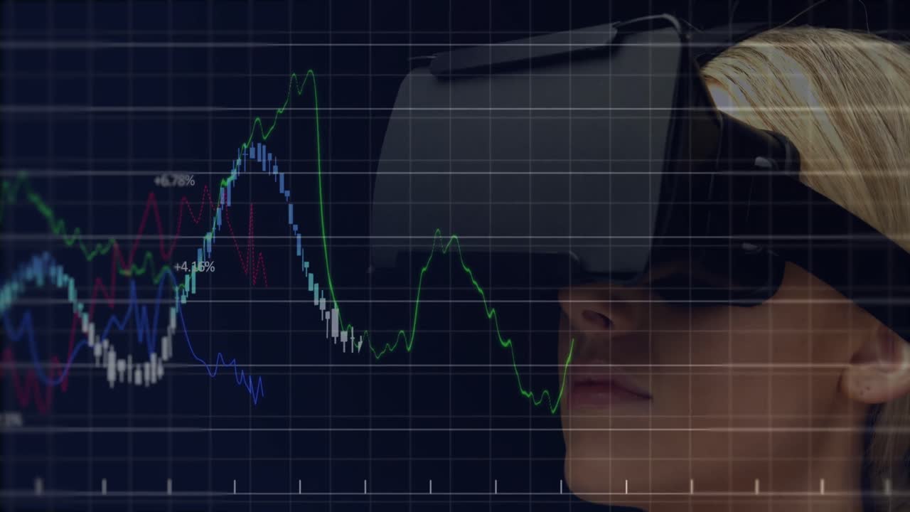 Animation of financial data processing over caucasian businesswoman wearing vr headset