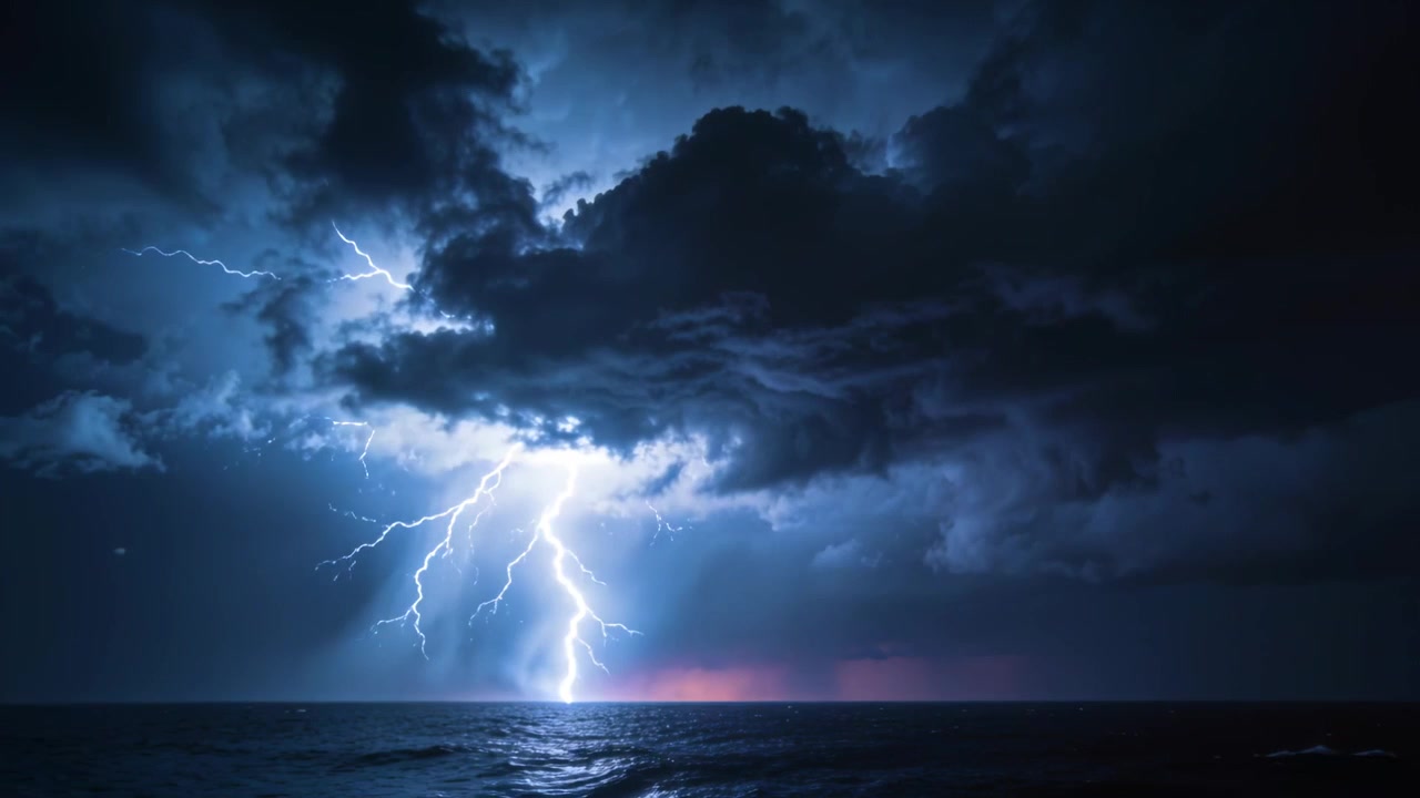 Un fulmine centrale che si abbatte dalle nuvole, ramificandosi e pulsando, illuminando l'oceano e un bagliore rosa.