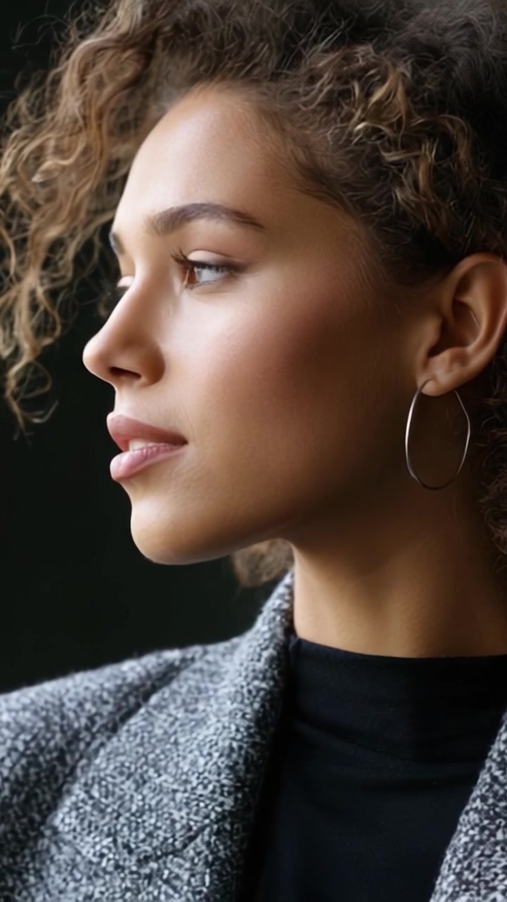 Ritratto accattivante di una donna con capelli ricci e un'espressione pensierosa, che irradia sicurezza e bellezza in un ambiente minimalista