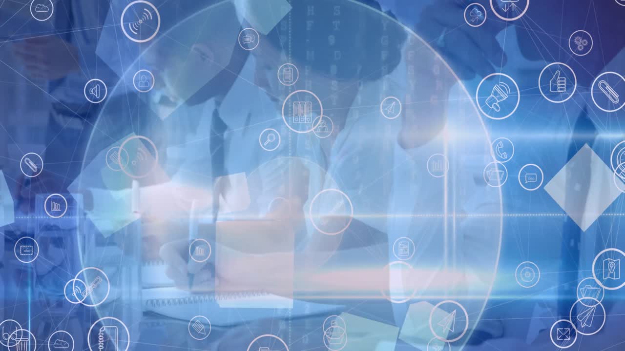 디지털 아이콘의 네트워크와 사무실에서 메모를 하는 사업가들에 대한 빛의 점