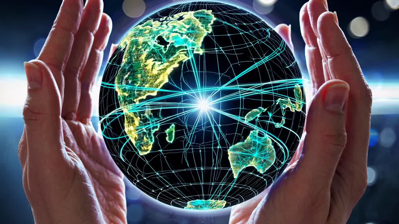 Futuristic video concept with hands cradling a glowing digital globe