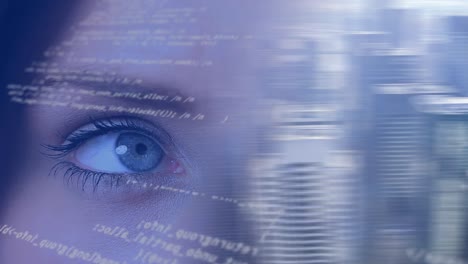 animación del procesamiento de datos sobre el ojo de una mujer caucásica