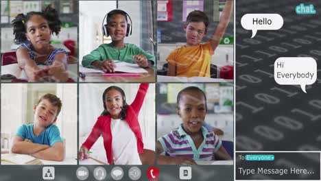 Animation-of-binary-coding-over-diverse-group-of-schoolchildren-having-school-video-call