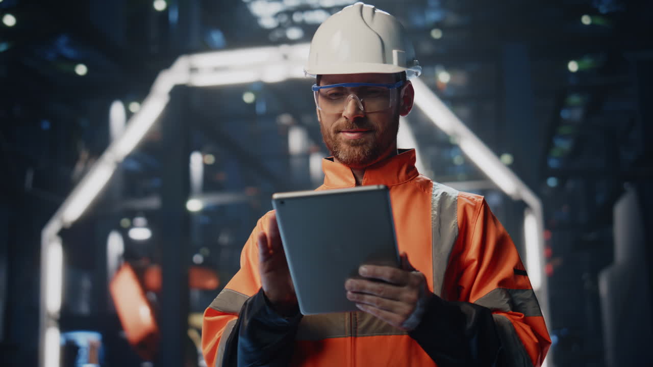 ingeniero sonriente haciendo inspección taller de producción con ordenador de primer plano