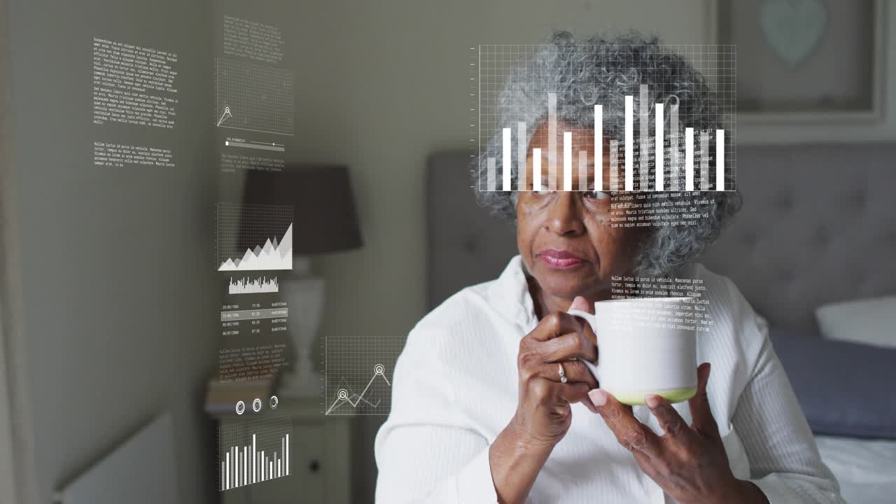 Senior woman bringing mug to lips following animated charts overlaying and tracking health data