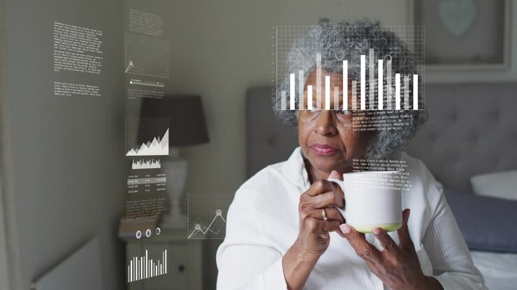 Senior woman bringing mug to lips following animated charts overlaying and tracking health data
