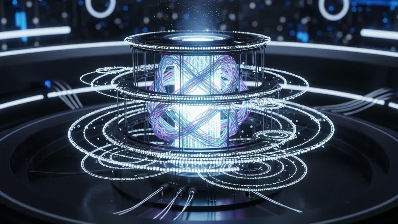 A Stunning Visual Representation of Quantum Technology Featuring a Complex Energy Core Surrounded by Dynamic Light Patterns and Futuristic Circuitry Elements