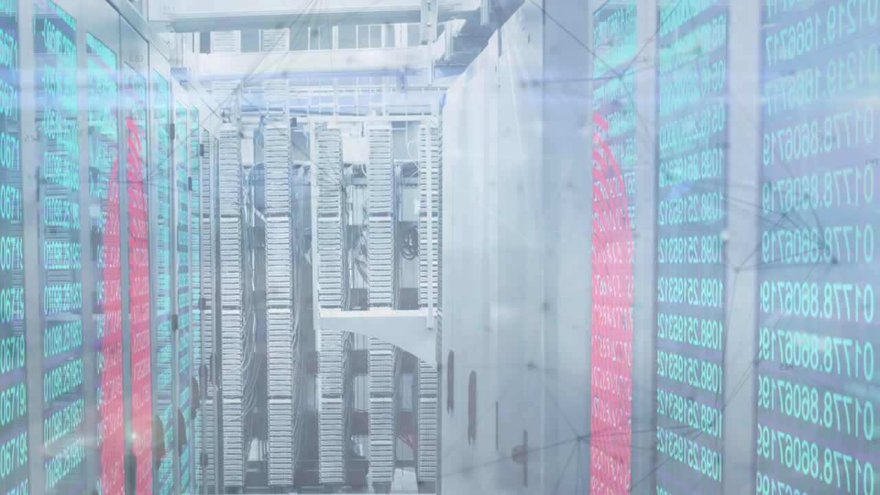 Animation of data processing and network of connections over server room