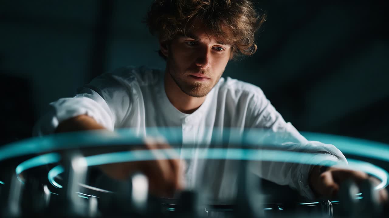 A young man interacts with an innovative technology, manipulating futuristic controls and illuminated elements, showcasing his focused expression in a dimly lit environment reflective of creativity and design