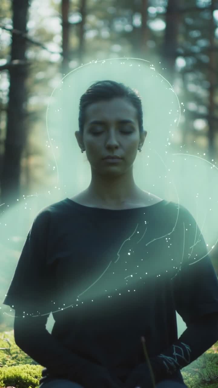 Video vertical: Mujer de pie meditando en un claro de pinos, la luz del sol formando un halo verde azulado alrededor de su cabeza.