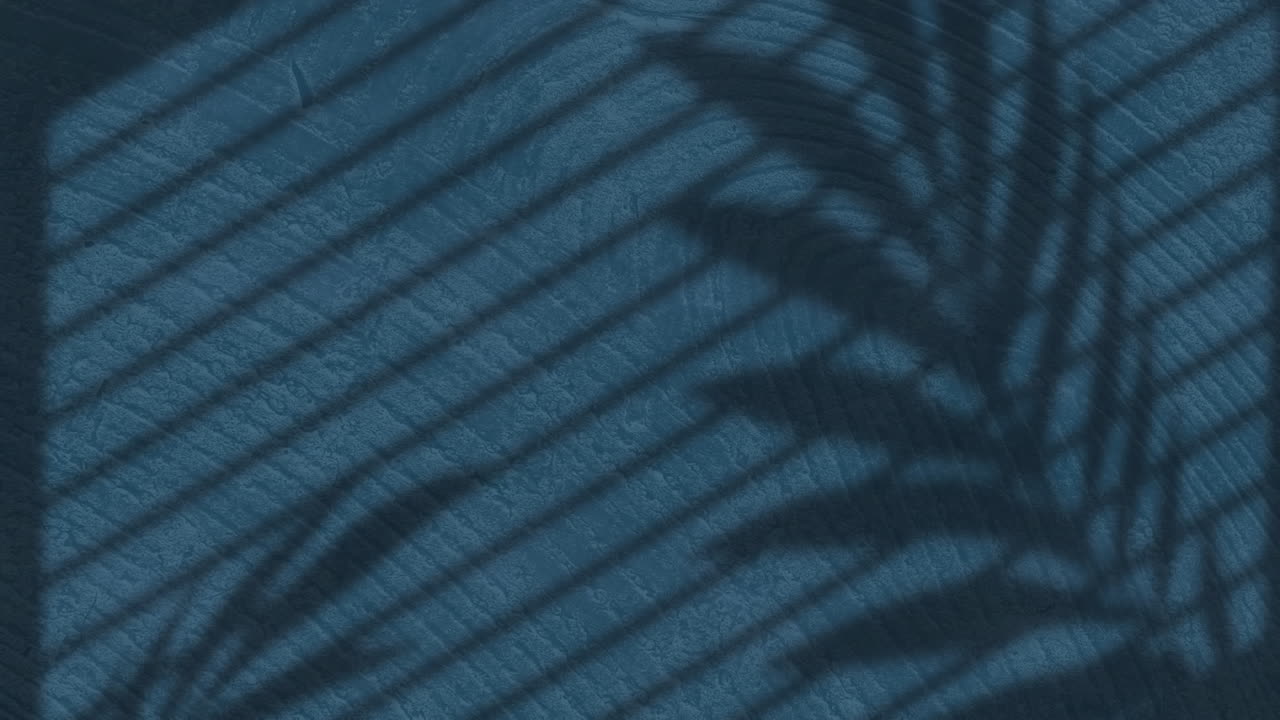 Animation of palm leaf and stripe shadows over changing blue wood grain pattern