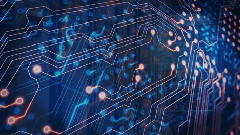 animation of circuit board and digital data processing over computer servers