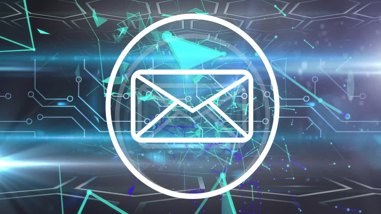 animación del icono del mensaje sobre el punto de luz, las redes de plexo y las conexiones de microprocesador