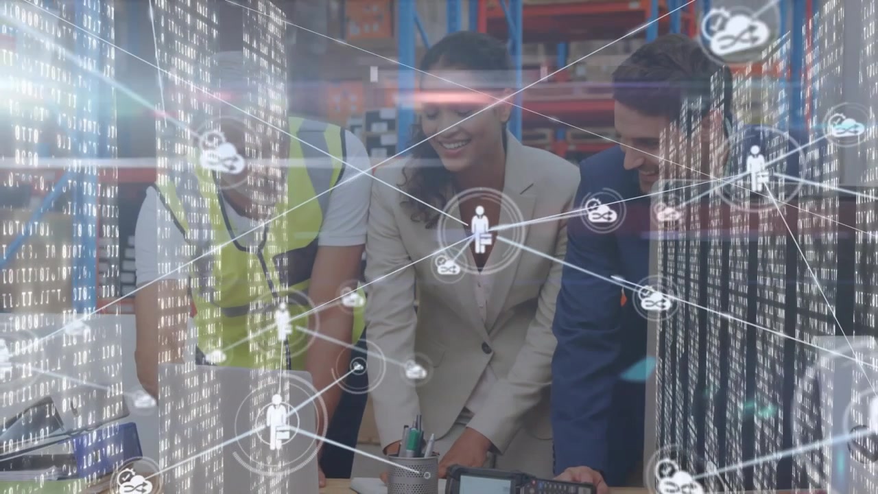 Animation of icons connected by lines, falling bars, multiracial coworkers discussing over laptop