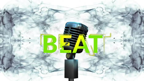 animation of beat text over stage microphone and smoke on white background