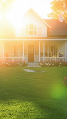 sunlit garden by the house. sunlight illuminates a charming house surrounded by vibrant flowers and a well-kept lawn, creating a serene atmosphere.