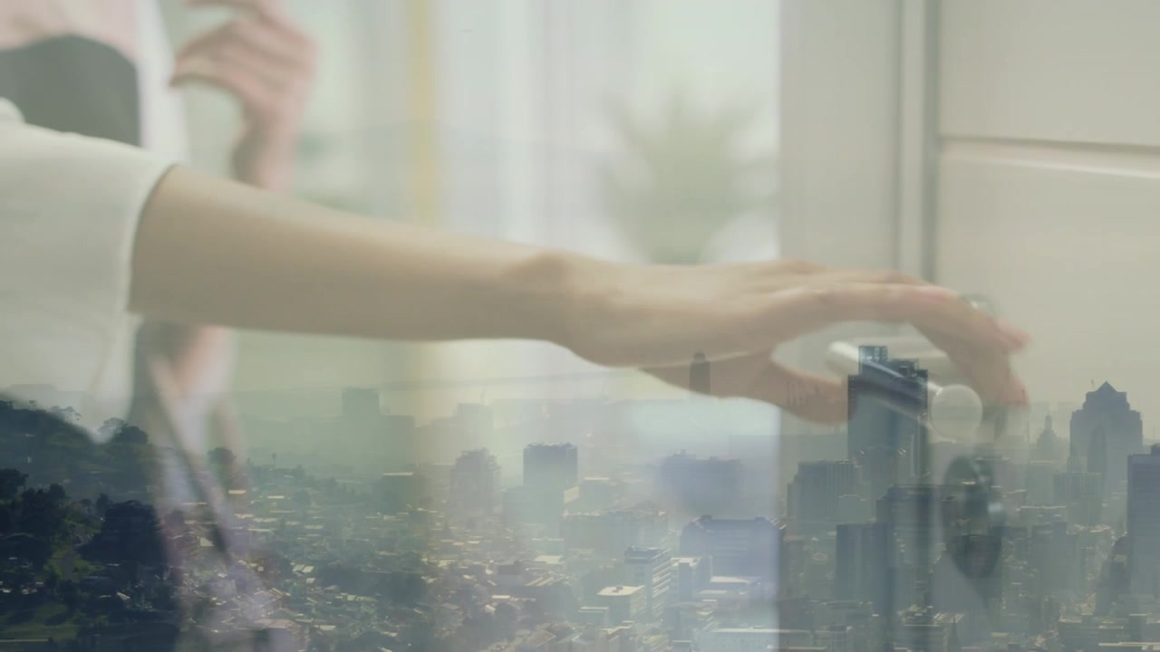 Animation of diverse business people over cityscape