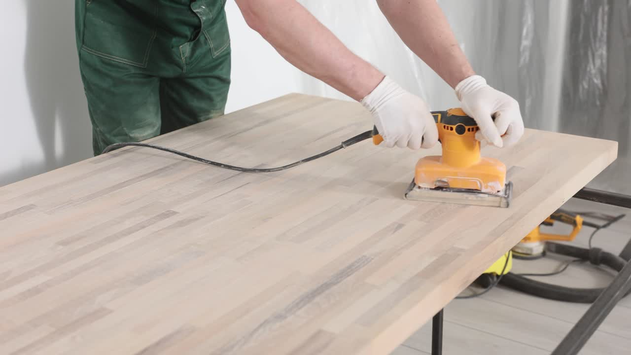 Person sanding a wooden tabletop with an orbital sander
