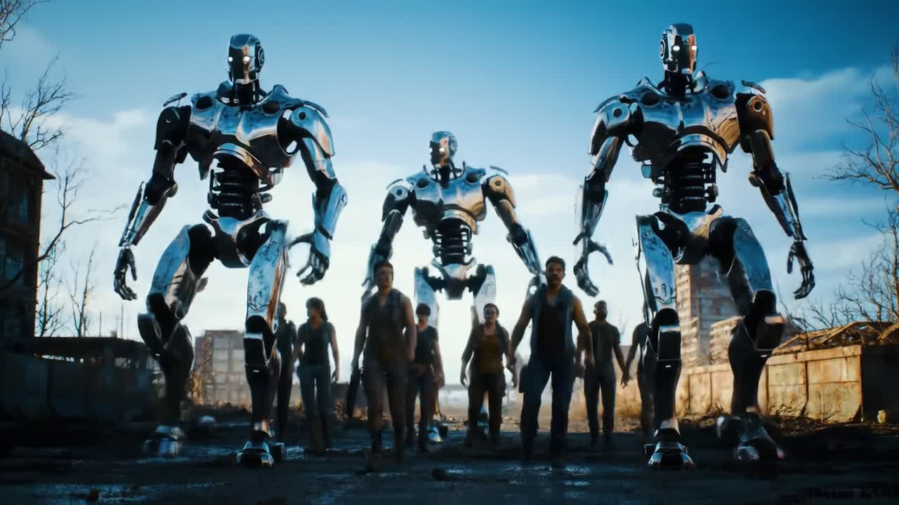 A group of brave humans stand resolutely with towering robots against a dystopian backdrop, showcasing the blend of technology and humanity in a post-apocalyptic setting