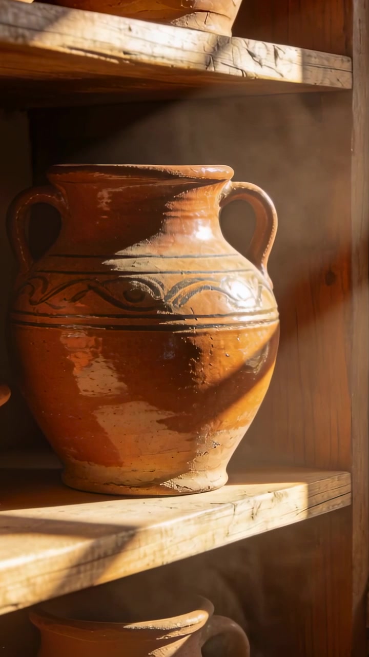 Terracotta jug resting on shelf while sun shifting showing texture dust motes highlighting pottery